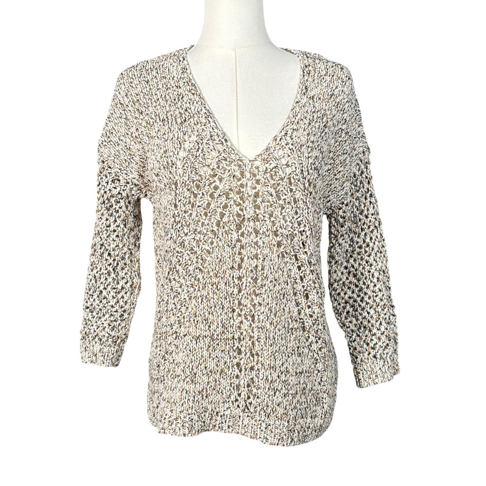 J. Jill Marled V-Neck Sweater Womens XS Petite Open Knit Pointelle Tan